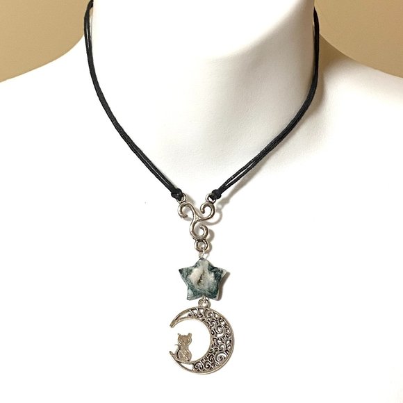 2/$20, Natural Gemstone Tree Agate Star + Cat on the Moon Cord Necklace - Picture 1 of 12